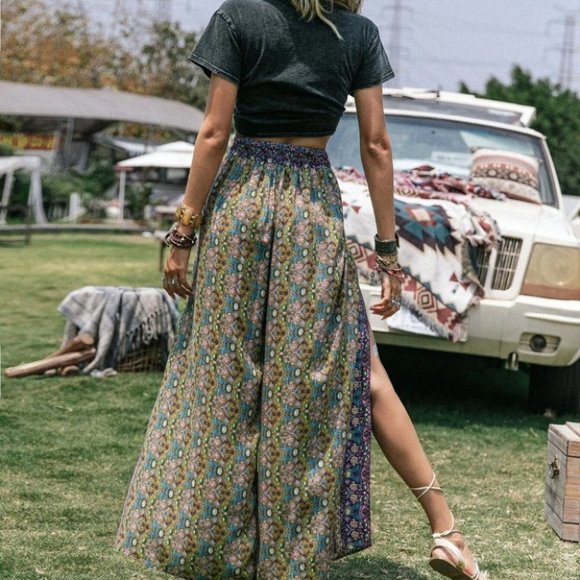 Coachella Festival Boho Floral Print Wrap Wide Leg Pants Without Belt - Picture 4 of 6